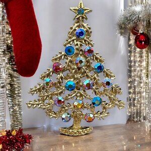 Christmas Tree Brooch Silver Tone Multicolor Rhinestones Jewelry Costume Fashion